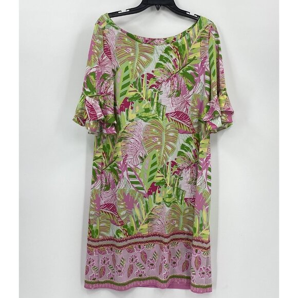 Pappagallo Erika Mini Shift Dress Flutter Sleeve Pink Green Tropical Beach XL - Picture 1 of 4